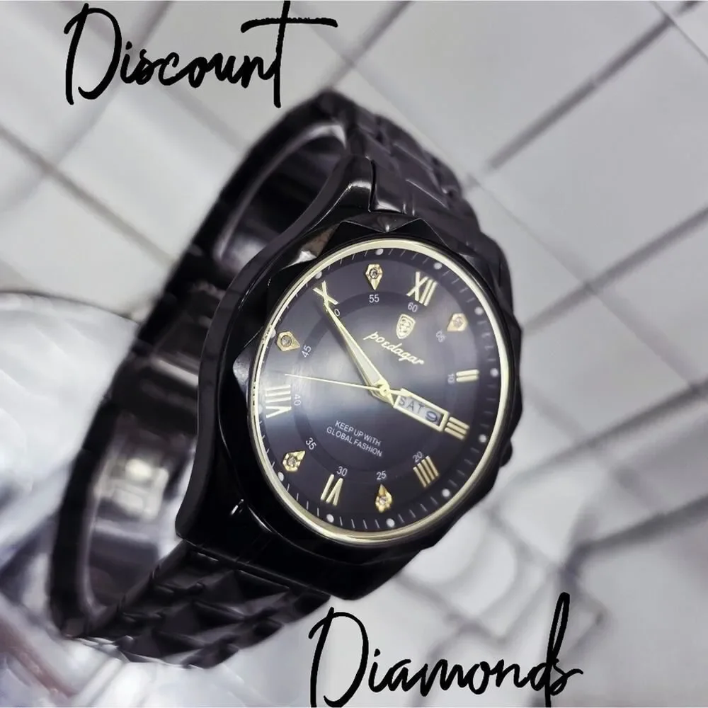 Men's Black Face & Band with Gold Hands Poedagar Quartz Watch Stainless Steel